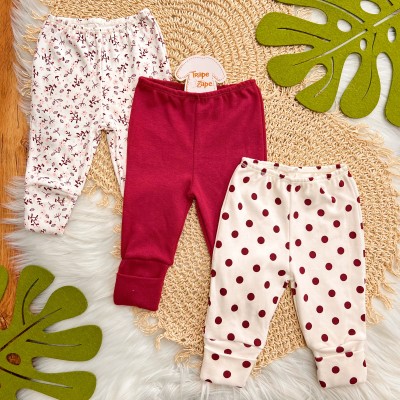 Kit 3 Calças - Raminhos, Bordo e Bolotas - Off White e Bordo